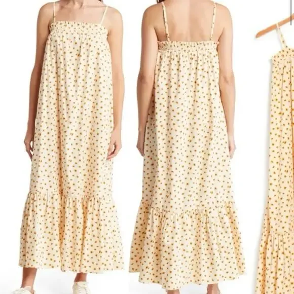We Wore What NWT  Smocked Midi Dress Spaghetti Strap Ditsy Daisies Ivory Medium - Picture 4 of 9